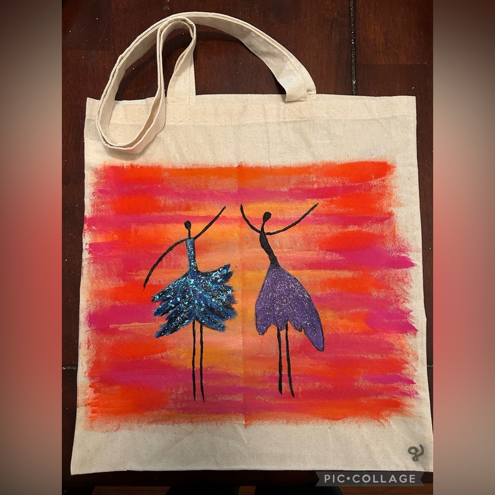 Hand painted canvas bag with ballet dancers